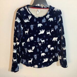 Velour Holiday Shirt Girls Large Navy Polar Bears,  Reindeer, Snowflakes, Trees